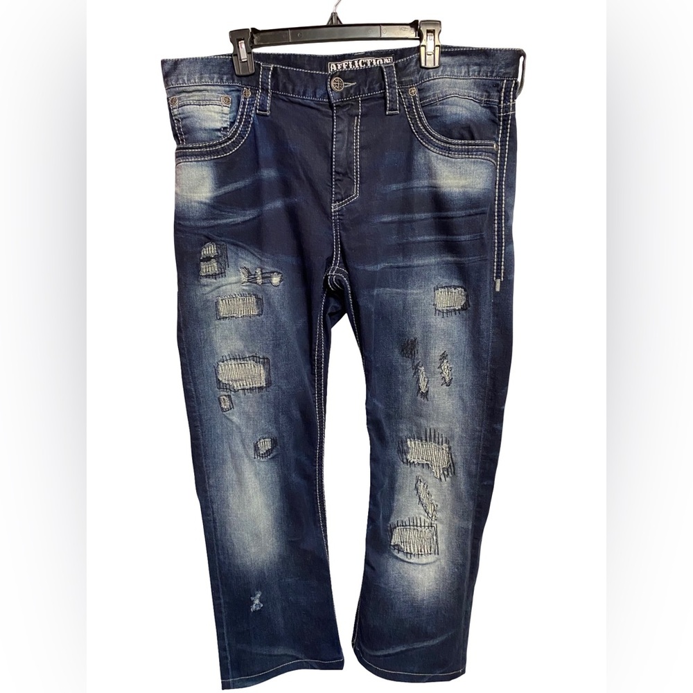 AFFLICTION MENS BLAKE STRAIGHT DISTRESSED JEANS W/PATCHES SZ 38
